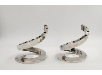 Pair Of Vintage Dansk Chrome Spiral Candle Holders With Candles