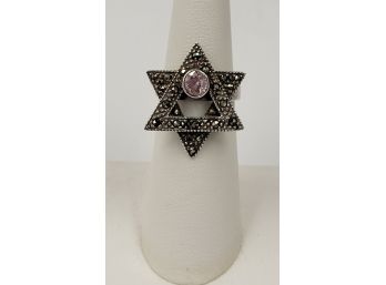 Beautiful Sterling Silver Star Of David With Marquisite And Pink Gem Ring