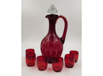 Vintage Christmas Ruby Red Decanter With Clear Bee-hive Shaped Stopper And 6 Shot Glasses