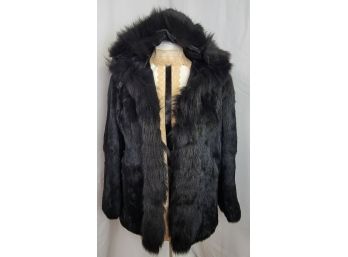 Beautiful Vintage Black Hooded French Rabbit Fur Coat Size Medium