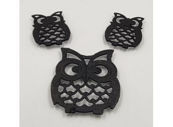 Vintage Set Of 3 Owl Cast Iron Trivets