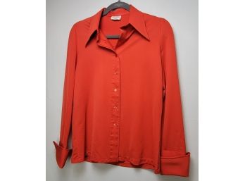 Vintage 1970's Red Polyester Shirt With Point Collar And Cuffed Sleeves Size Large