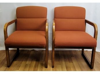 Vintage 80's Solid Oak Chairs With Rusty Orange Fabric