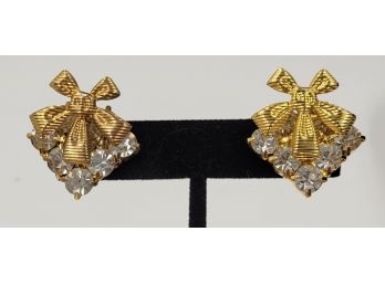 Gold Tone And Rhinestone Christmas Gift Pierced Earings 1'