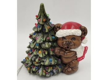 Vintage Lighted Ceramic Christmas Tree With Santa Bear