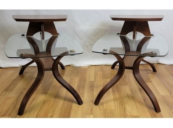 Pair Of Rare And Very Cool Vintage Mid Century Modern Bentwood And Glass End Tables