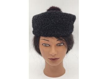 Vintage Black Curly Lambs Wool Pillbox Hat With Fur Pom On Top