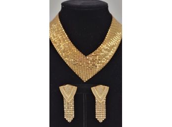 Vintage 1980's Gold Mesh V-shaped Collar Necklace With Matching Pierced Earings