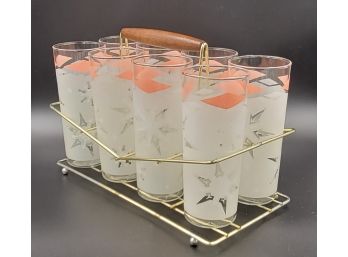 Fantastic Set Of 8 Vintage Snowflake Glasses With Brass And Wood Glass Caddy