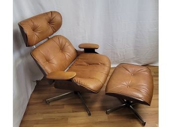 Vintage Eames Style Tan Leather Lounge Chair And Ottoman By Plycraft