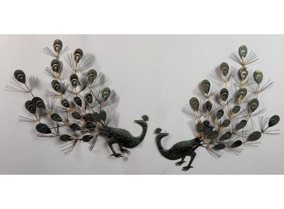 Pair Of Vintage Green And Gold Metal Peacock Wall Art