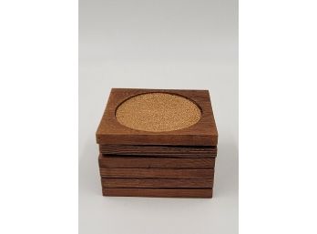 Set Of 6 Vintage Wood And Cork Coasters