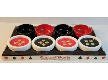 Vintage New Old Stock 'Queen Of Hearts' Poker Night Coaster And Ashtray Set