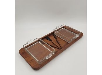 Vintage ESA Made In Denmark Teak And Glass Serving Tray With Mini Servers