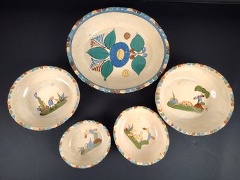 Set Of Five Hand Crafted Fiesta Decorated Glazed Oval Pottery Bowls