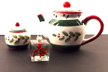Tea Pot And Sugar Bowl Plus A Decorative Item With Holly Berries