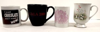 Set Of 4 Assorted Mugs. Hot Chocolate, Gala 2000, And Florals