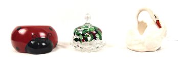 3 Piece Lot Swan, Lady Bug, Hand Painted Glass