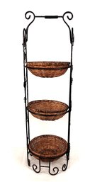 Decorative Sturdy Metal Stand With Three Wicker Baskets 35.5H X 10.5W X 10D