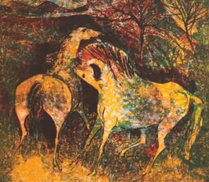 Hoi Lebadang - (Vietnamese - French, 1921-2015)  'Horses In The Moonlight' Lithograph