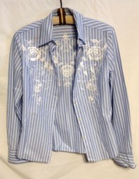 Blue Blouse With Floral Embroidery - SONIA BOGNER - NO SIZE - WIDTH AT SHOULDERS 17.5', Back Length 26' Sleeve