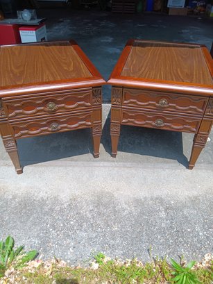 Vintage Carved Wooden Single Drawer End Tables