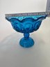 Vintage  Moon And Stars Blue Glass Compote Pedestal Candy Dish Bowl