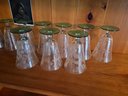 9 Etched Glass Cups With Green Depression Glass Base