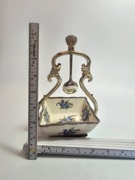 Blue White Sugar Bowl With Spoon  In Silverplate