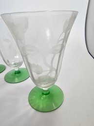 9 Etched Glass Cups With Green Depression Glass Base