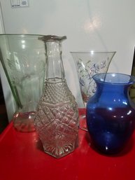 4 Vases Lot, Including The Blue And The Large One With A Green Shine
