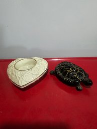Cast Iron Turtle And Lenox Heart Candle Holder