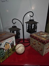 Misc. Lot, Wooden Box, Hanging Metal Lanterns, Signed Baseball Ball