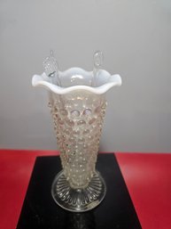 Vintage Small Fenton White & Clear Opalescent Art Glass Hobnail Vase