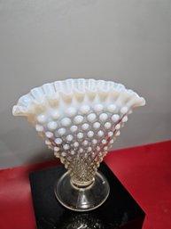 Vintage Small Fenton Ruffled White & Clear Opalescent Art Glass Hobnail Vase