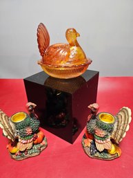 Three Vintage Turkey Figurines, Candle Holders,  Glass Dish