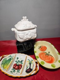 Soup Terrine And 2 Handpainted Platters From Italy