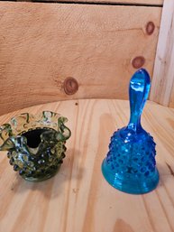 Hobnail Blue Bell And Green Candle Holder