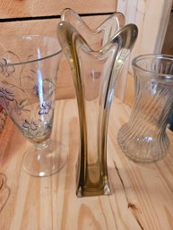 Three Beautiful Vases, One Is Hoosier Glass Swirl Clear