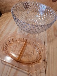 Pink Depression Plate And A Clear Red Glass Hobnail Bowl