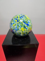 Vintage HGT Blue & Yellow Swirls Glass Sphere Paperweight Approx 3 1/2' Diameter