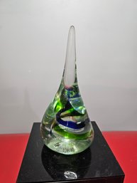 Murano Art Glass 6' Heavy Teardrop Paperweight Sculpture Blue Green Swirl