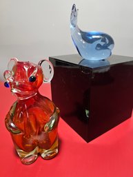 Murano Style Hamdblown Glass Art,mouse And A Blue Whale