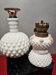 One Hobnail Milk Glass Fenton Bottle And A Hobnail Oil Lamp Without Chimney
