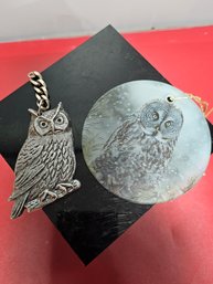 Two Owl Themed Pendant, Ornaments, Metal And Glass