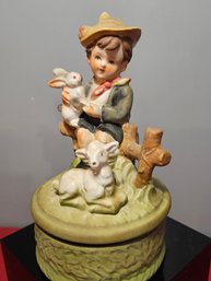 Vintage Norleans Japan Porcelain Boy With Yellow Hat Rabbit Sheep Music Box