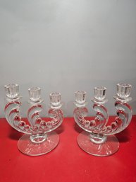 Two Matching Heavy Clear Glass Candle Holders