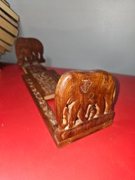 Vintage Wood Elephant Expandable Book Shelf Bookends Carved Intricate Folding