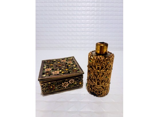 Vintage Perfume Bottle With Brass/Gold Filigree And Rhinestones, Matching Jewelry Box