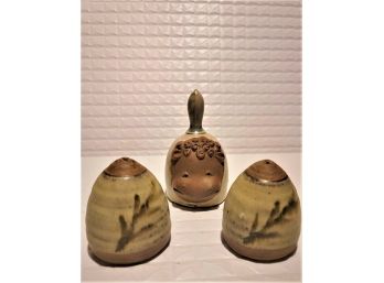 Vintage Studio Art Pottery Brown Green Stoneware Salt & Pepper Shakers And Cow Bell